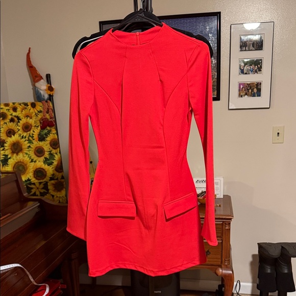 No Label Tops - Fitted Red Women's Long Sleeve Tunic-could be worn as a mini dress